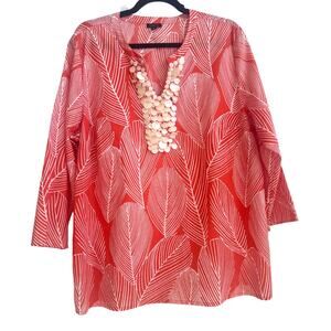 Talbots Tropical Orange and White Leaf Pattern With Shell Bead Detail